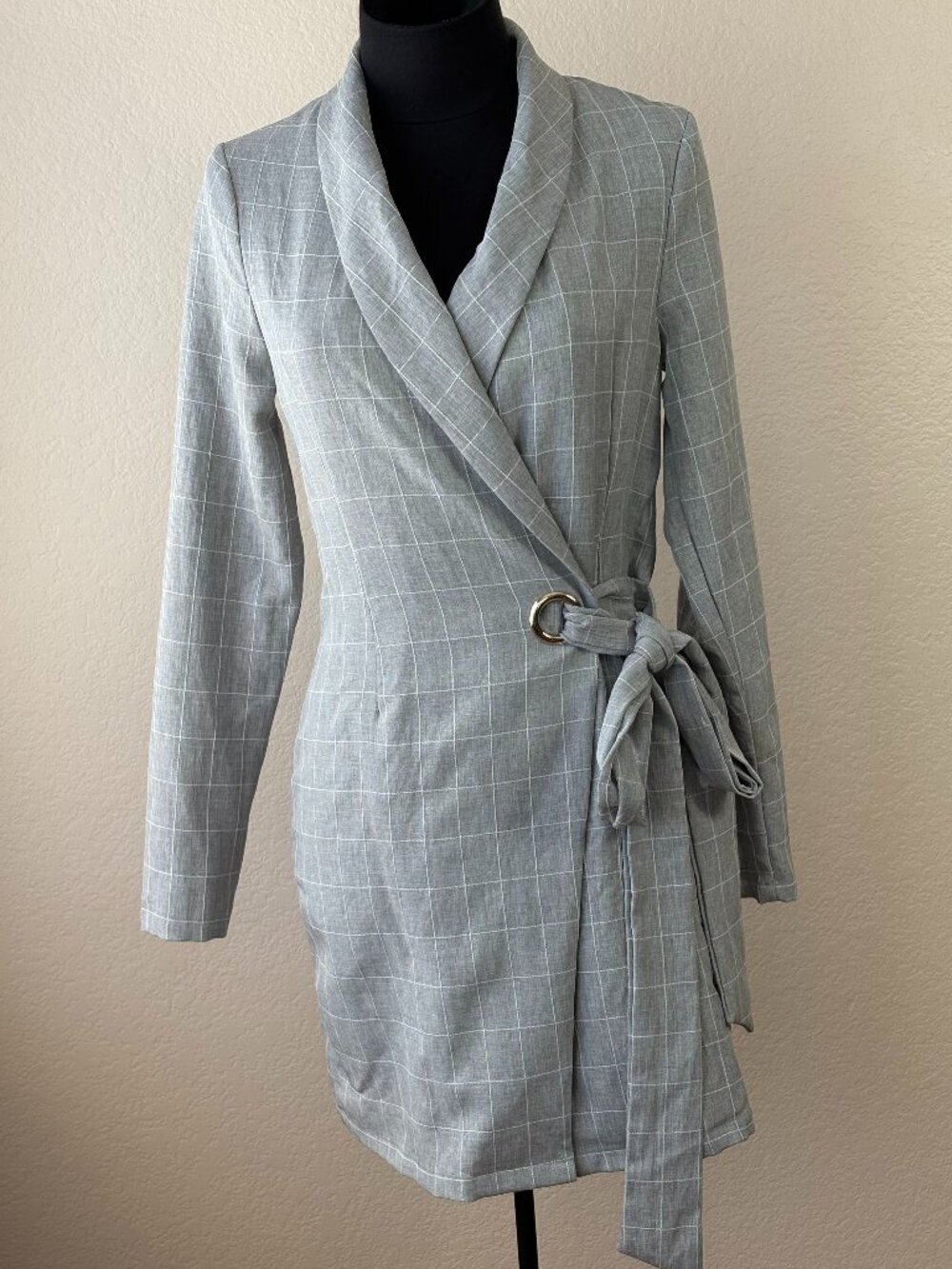PrettyLittleThing Gray Plaid Blazer Wrap Dress Tie Waist US 4